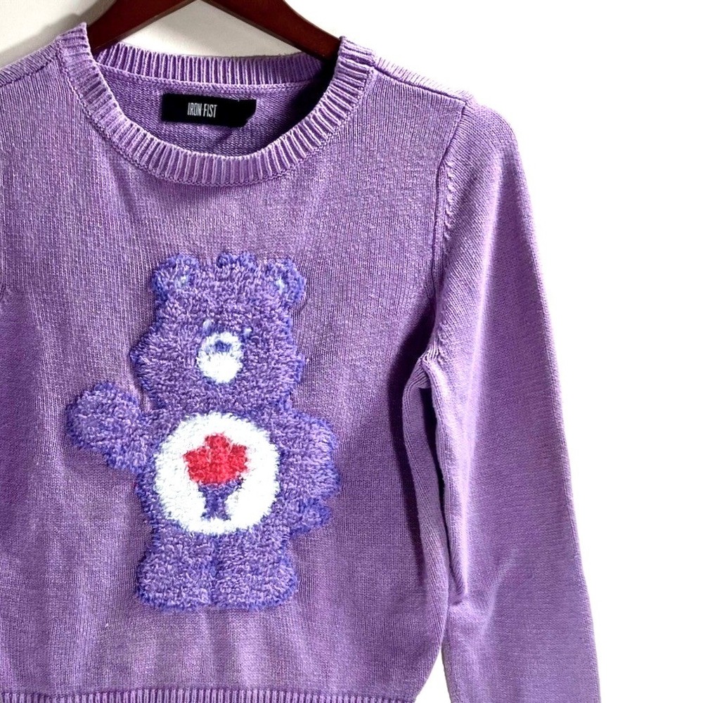 Iron Fist Care Bears Sweater Purple Share Bear Fuzzy Patch Knit Top Small - Picture 1 of 10